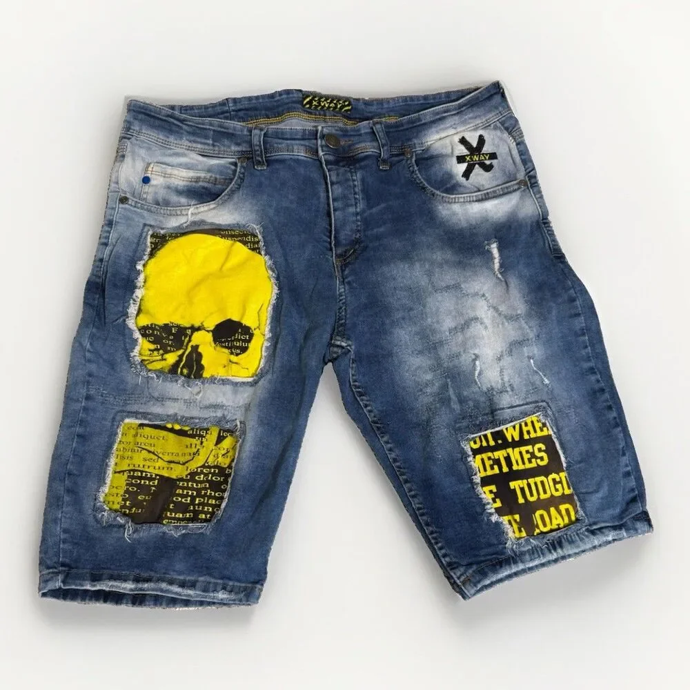 Xway Kapri Shorts Mens 38 Waist Denim Graphic Distressed Y2K Acid Wash